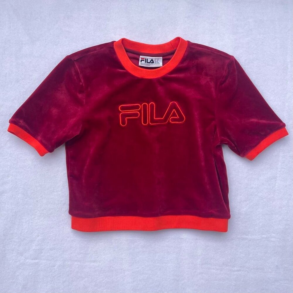 FILA Red Orange Fuzzy Velour Cropped Sweater Shirt Sz M Spring Athleisure Summer